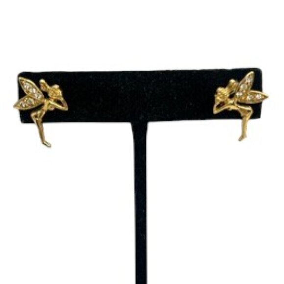 VINTAGE GOLD TONE FAIRY PIXIE STUD EARRINGS RHINESTONE WINGS WHIMSICAL CUTE - Picture 5 of 14